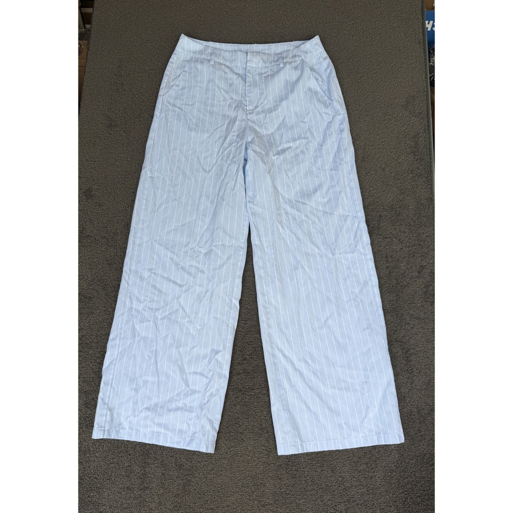 Musera Womens Light Blue White Pinstripe Wide Leg High Rise Dress Pants Size M